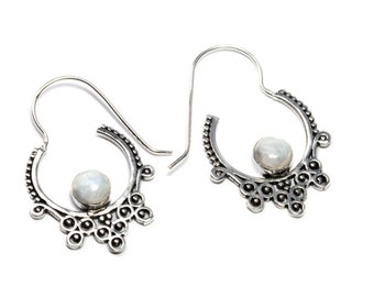 White Brass Moonstone Gemstone Hoop Earrings Tribal Earrings Ethnic Inspired Jewellery Free UK Delivery Gift Boxed WB57