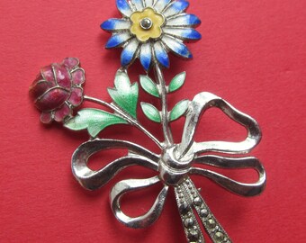 Sterling Enamel Vintage Flower Bouquet Brooch Pin