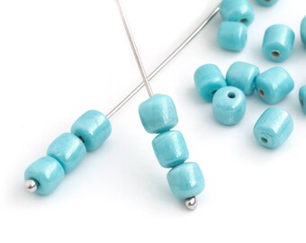 200 Light Blue Glass Bead, Indian Barrel Bead, Handmade, Ethnic Bead, Tribal Bead, Boho Bead, Bulk Bead, Jewelry Making, 5-6mm