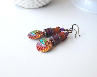 Rainbow Earrings, Starburst Earrings, Painted Copper Earrings, Colorful Lampwork Earrings, Unique Artisan Earrings, Boho Chic Earrings,