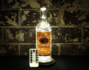 Upcycled Tito's Vodka Portable Bottle Lamp with Remote, Effects and Timer Setting. Warm White LEDs. Man Cave / Studio / Bar