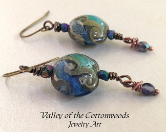 Handmade Lampwork bead drop earrings. Ocean, sea theme. Blue, turquoise, sage green. Jewelry, gift for her. FREE SHIPPING.