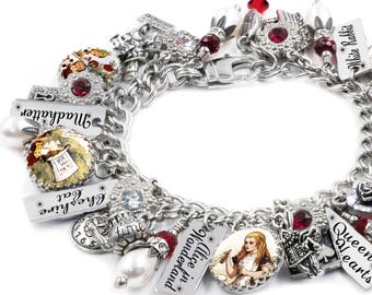 Alice in Wonderland Charm Bracelet, Alice in Wonderland Jewelry, Alice Pearl Bracelet, White Rabbit, Mad Hatter, Queen of Hearts