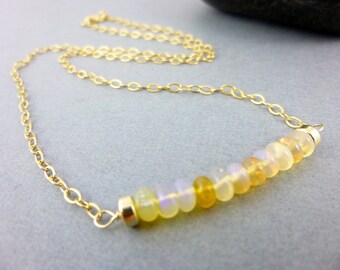 Welo Opal Necklace, Dainty Bead Bar Necklace, Ethiopian Opals and 14k GF, Root & Sacral Chakras, Gift for Her, Healing Energy Chakra Jewelry
