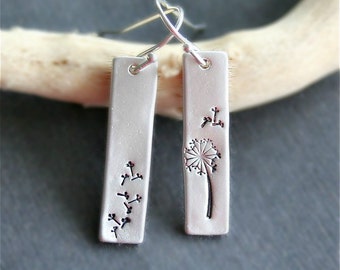 Dandelion Flower Earrings, Sterling silver Bar Dangle Drop Earrings, Dandelion Jewelry, Dandelion Parachutes Earrings,Hand Stamped Earrings