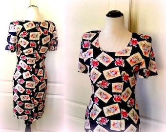80s Floral Wiggle Dress - Pink and Black Vintage Dress - Summer Dress
