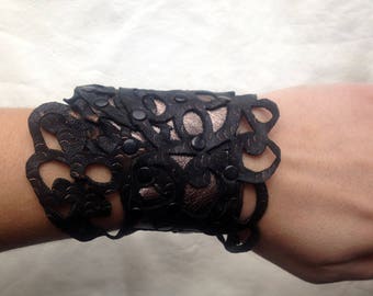 Wide leather perforated Cuff, Tribal, Bohemian, Boho chic Leather bracelet