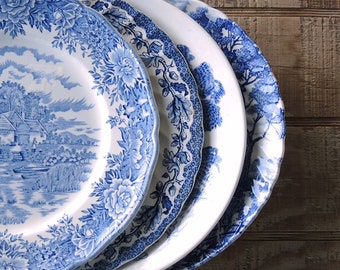 Mismatched Blue and White Dinner Plates for Weddings Set of 4 English Blue Transferware English China, Rustic Replacement China