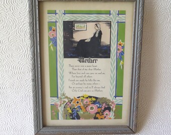 Mother Poem Motto Print Mother's Day Gift Art Nouveau Colored 1930s Original Silver Wooden Frame Vintage Art Whistler's Mother