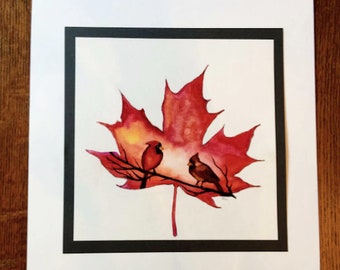Autumn Cardinals, Original Watercolor, Birds, Nature, Painting, Colorful Art