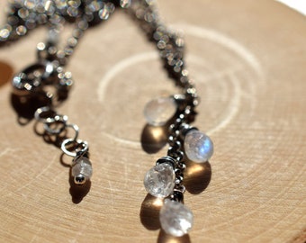 Moonstone Necklace on Sterling Silver, Gemstone Cluster Necklace, Briolette Cascade Necklace, Blue Flash Oxidized Sterling Silver Y Necklace