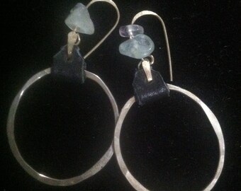 Medium Sterling Silver Hammered Hoop Earrings with Dark Leather and Flourite Chips