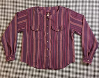 1990's, woven, striped, collarless, button front blouse, in purples, Women's size Small/Medium