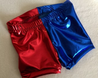 Harley Quinn Shorts costume 6 12 18 24 month 2T 3T 4T 5T 5 6 7 8 9 10 12 14 Suicide Squad Red and Blue Gymnastics gym girls baby toddler
