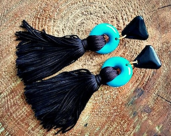 Tassel earrings,turquoise and black,polymer clay