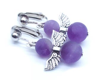 Genuine Amethyst Angel Beaded Dangle Clip On Earrings - Non-Pierced Ears