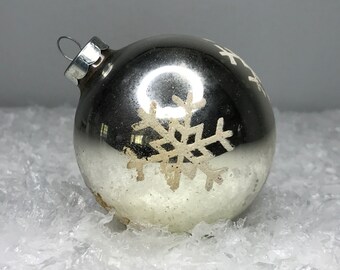 vintage silver mercury glass Christmas ornament with snowy snowflakes