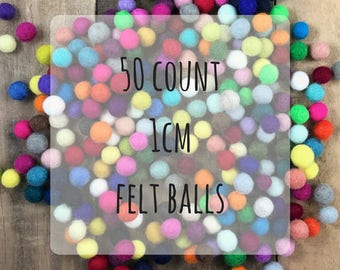 50 count - 1 cm wool felted balls assorted colors