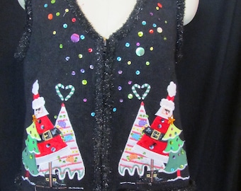 Ugly Christmas (med) vest, black, sweater vest, Carly St. Claire, Santa, embroidered, vintage, zip front, ugly snowmen, EN80