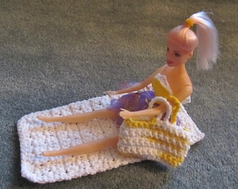 Crochet Beach Towel and Tote for Doll, Cotton, Doll Purse, Doll Towel, Doll Accessories, Doll Beach Bag, Gift for Girl