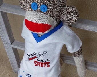 Nurse Sock Monkey - Nurse Gift - Cotton Flannel Scrubs - Rockford Red Heel Sock Monkey