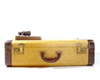 Vintage Tweed Suitcase / 1940s Yellow Tweed and Leather Suitcase / Vintage Luggage