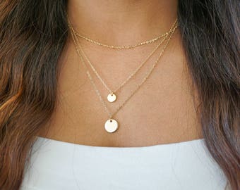 Custom Disk Necklace, 3 Layered Necklaces, Satellite Chain, Small Disc Necklace, Initial Disk Necklace, Personalised Disk, Best Friend, Mom