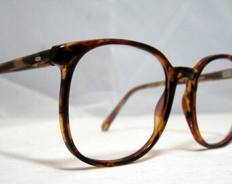 Vintage 80s Large Square Horn Rim Eyeglass Frames. Brown Amber Tortoise