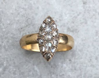 Antique Victorian Navette Gold and Rosecut Diamond Ring - size US 6,5 / UK N (sizeable)