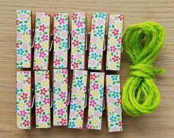 Summer Flowers Clips w Twine for Photo Display - Clothesline - Chunky Little Wooden Clothespins Set of 12 - Gifts For Her - Ready to Ship