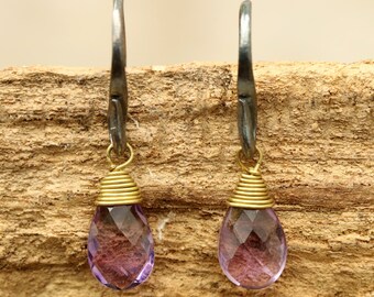 Amethyst drops faceted earrings with oxidized sterling silver hooks(FBA)