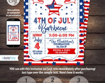 4th of July Invitations - 4th of July Barbecue - 4th of July Party - 4th of July Invitation - INSTANT ACCESS to files! Edit with Corjl NOW