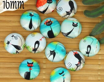 Set of 12 cabochons 16mm glass cat, vacation, beach, ZC23