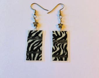 Zebra Print Recycled Magazine Rectangle Earrings