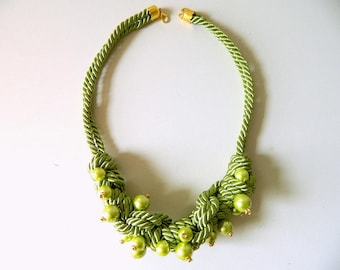 Macrame Necklace Rope Necklace with Pearl Rope Statement necklace Chunky necklace Acid Green Knot Necklace Pearl Bib necklace Gift for her