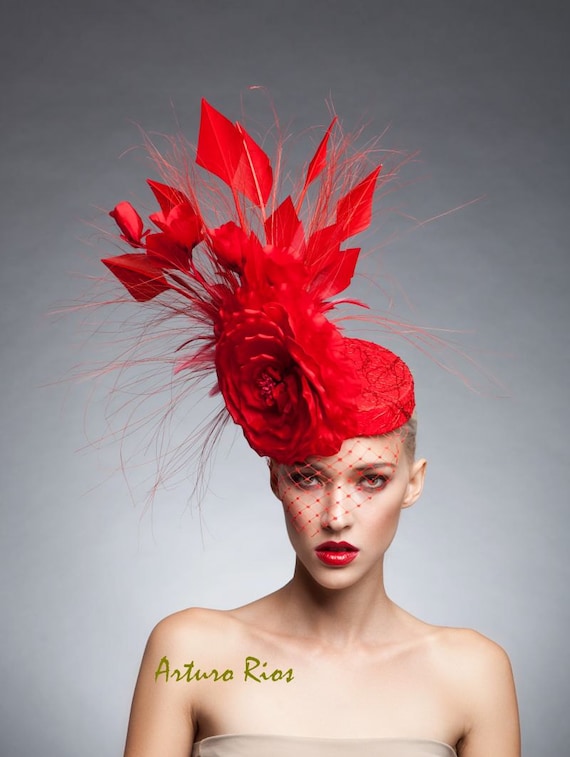 Red couture Fascinator Cocktail hat Melbourne cup