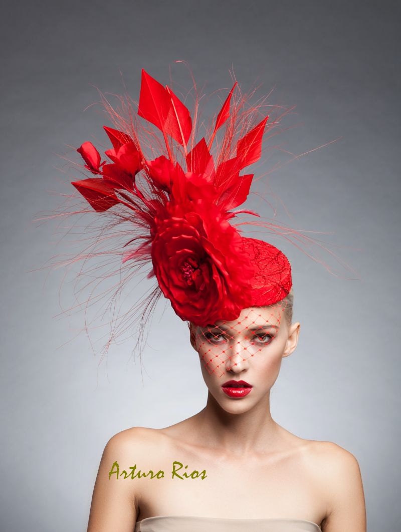 Red couture Fascinator Cocktail hat Melbourne cup