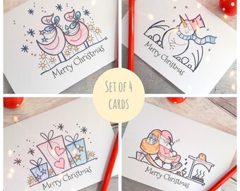 Xmas greetings set, holiday card set, Christmas card multi pack, Snowman, Father Christmas, ducks, presents, cards for family, friends cards