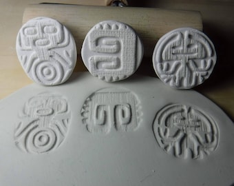 3 Textured Clay Stamps - Aztec, Mayan - Set A-53