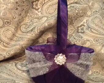 wedding flower girl basket dark purple and silver color custom made