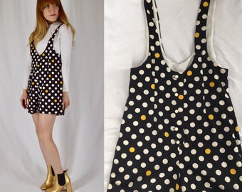 S/M 1960s Black and White Polka Dot Overalls Romper