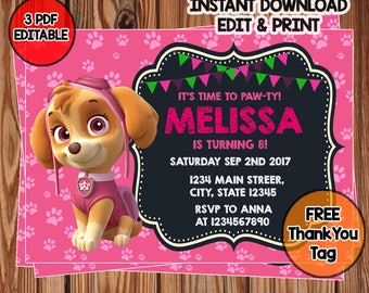 Skye Paw Patrol Invitation, Paw Patrol Birthday Invitation, Paw Patrol Thank You Tags Invites, Instant Download Editable Invitation Template