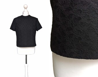 50's Vintage Blouse | Black Lace Blouse With Zip Back | Medium UK 14