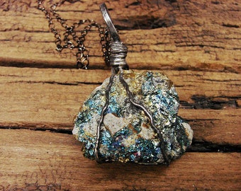 Chalcopyrite Necklace Rainbow Pendant Metalwork pendant Chalkopyrite necklace Bohemian pendant gemstone pendant Multicolor Tiffany method