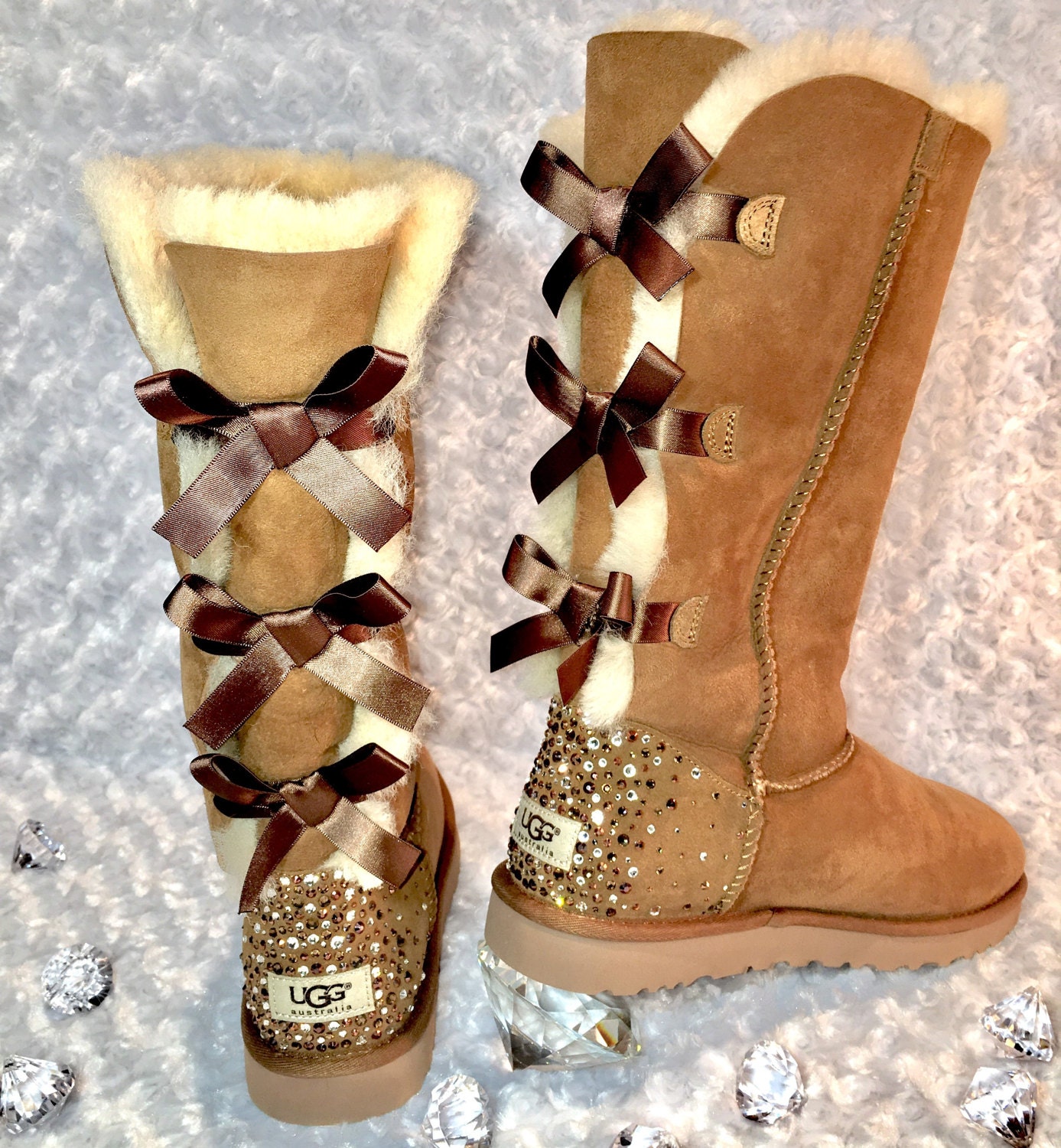 Bling Ugg Tall Bailey Bow Boots Women's Custom Chestnut