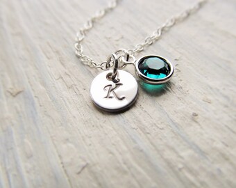 Birthstone Initial Necklace, Sterling Silver Necklace, Personalized Birthstone Necklace, Initial with Birthstone Jewelry, Hand Stamped