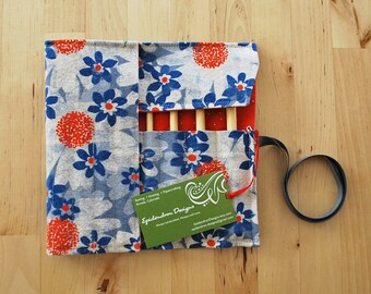 Crochet Hook Case / Organizer / Holder - Blue Daisies with Red Sprinkle Lining