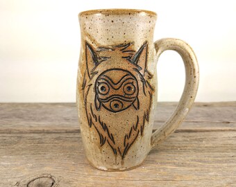 Princess Mononoke Mask Mug - 16 oz Speckled White - Wheel Thrown Hand Carved Studio Ghibli Coffee Cup