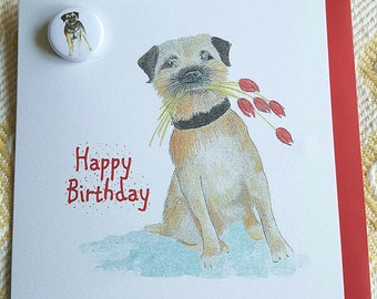 Border Terrier card with a badge. birthday card with a badge. border terrier birthday card. original artwork. border terrier gift. dog card