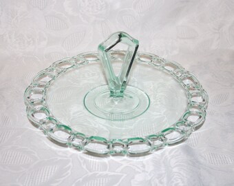 Vintage Handmade Teal Handled Open Lace Edge Cake Plate "Exquisite"